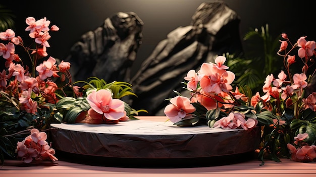 stojak lub ekspozytor na podium z kwiatami rozmywa tło i kinowe światło