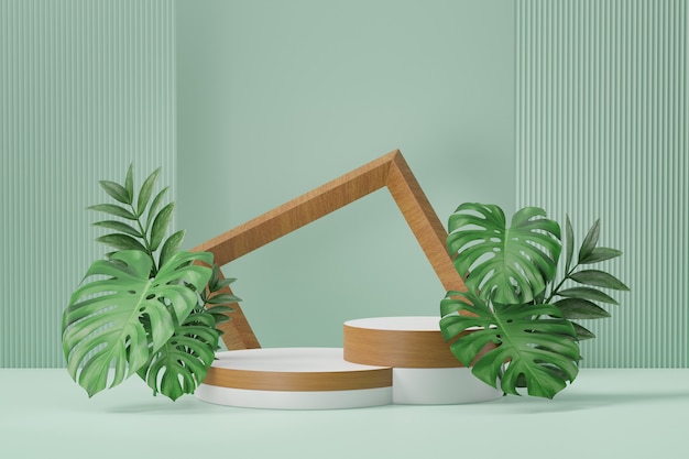 Stojak na kosmetyki, dwa drewniane białe podium w kształcie cylindra z drewnianą ramą i zielonym liściem roślin na zielonym tle. Ilustracja renderowania 3D