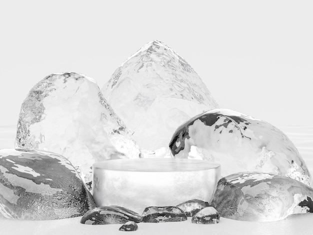 Stojak Na Lód Do Wyświetlania Renderowania 3d Procuct, Otoczony Lodowymi Kamieniami Na Białym Tle