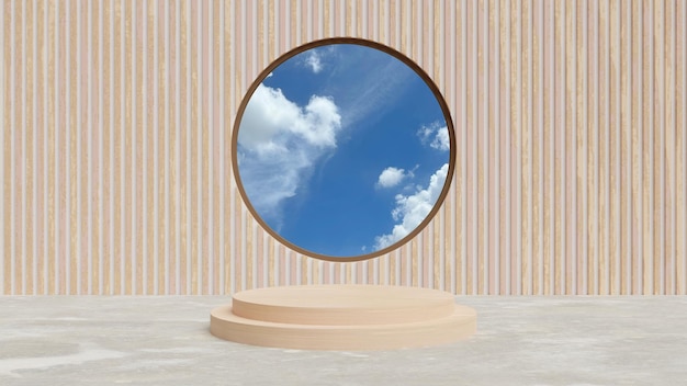 Stojak na produkty sceniczne 3D Podium Beżowy Jasnobrązowy Drewniany japoński Minimal z tłem nieba