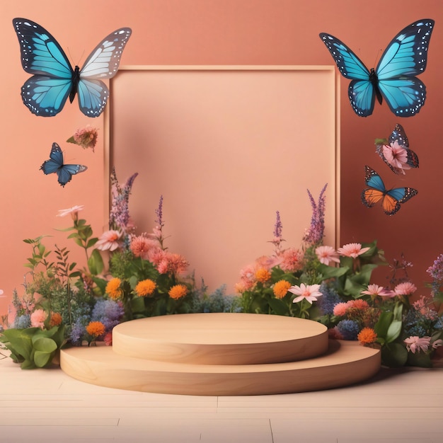 Stojak reklamowy produktów kosmetycznych stoisko drewniane podium na tle latającego ogrodu motyli