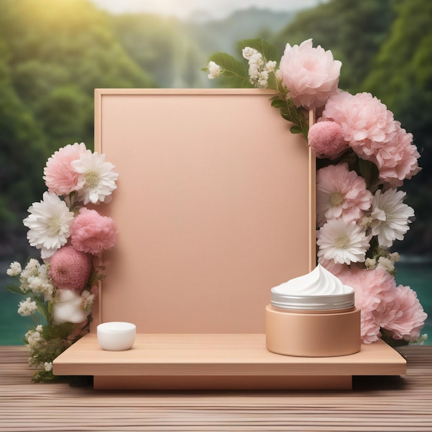Stojak reklamowy produktów kosmetycznych wystawa drewniane podium na tle kwiatu na zewnątrz