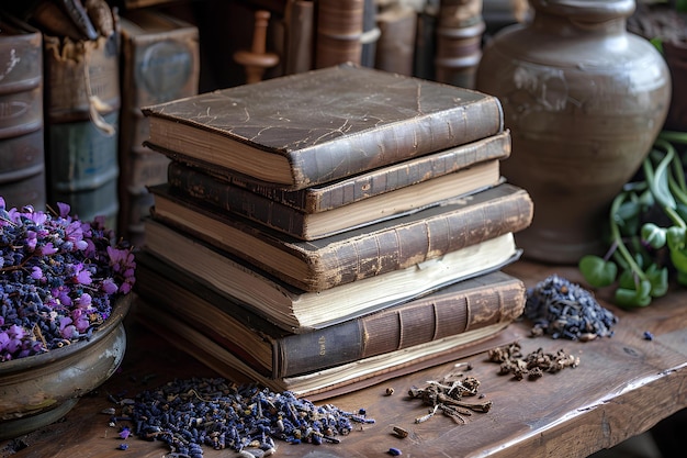 Stok książek siedzących na drewnianym stole obok rośliny w garnku i okładki do wazonów