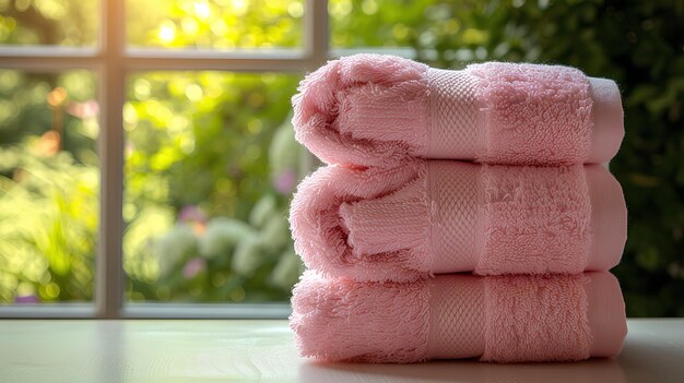 Stok różowych ręczników siedzących na szczycie stołu obok okna z widokiem na drzewa