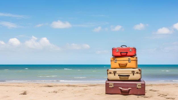 Stok trzech walizek na plaży.