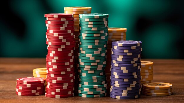 Stok żetonów pokerowych na drewnianym stole w kasynie