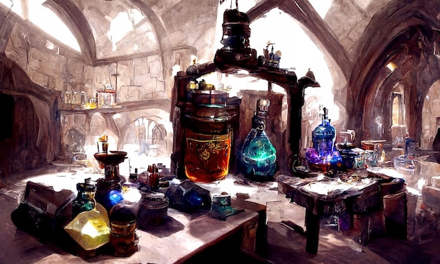 Stół alchemika produkcja magicznych mikstur i eliksirów Kolorowe butelki i kolby są na stole czarodzieja alchemika Fantasy bajka 3d ilustracja