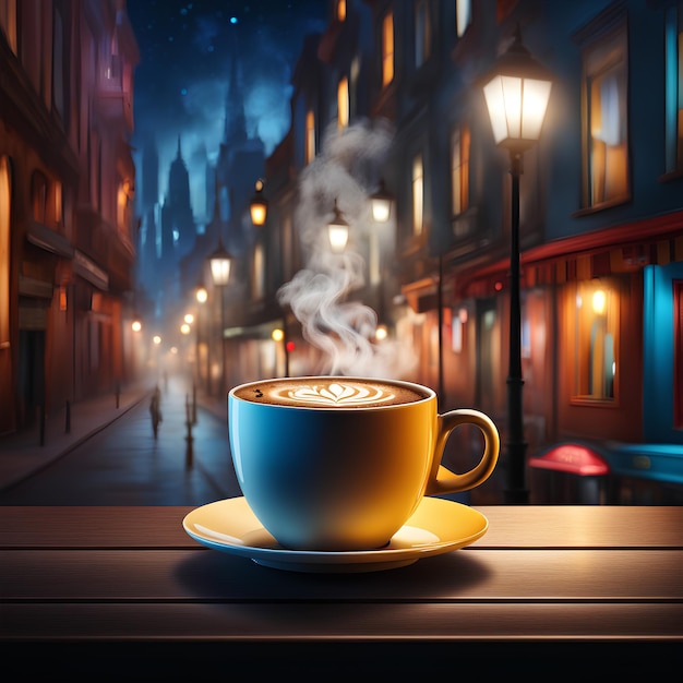 Zdjęcie stół barowy z realistycznym widokiem na ulicę z filiżanki kawy