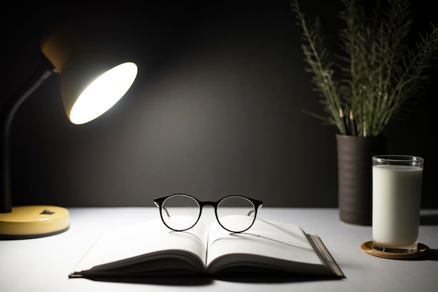 Stół do czytania w nocy Z lampami z książkami Okulary Skoncentruj się na okularach Koncepcja edukacji