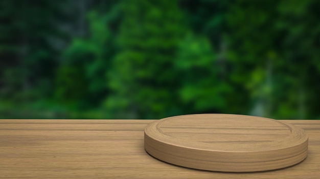 Stół drewniany i zielony las Tło renderowanie 3d