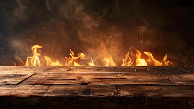 Zdjęcie stół drewniany z ogniem płonącym na krawędzi na ciemnym tle do wyświetlania koncepcja wyświetlanie produktu ciemny nastrój styl wiejski element ognia drewnianego stołu