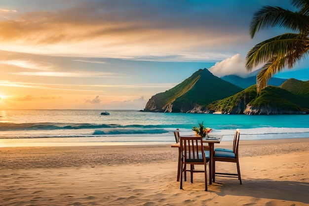 Stół i krzesła na plaży z widokiem na ocean i góry w tle