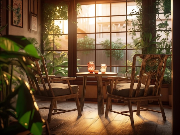 Stół i krzesła są ustawione w pokoju z oknem, na którym znajduje się roślina.