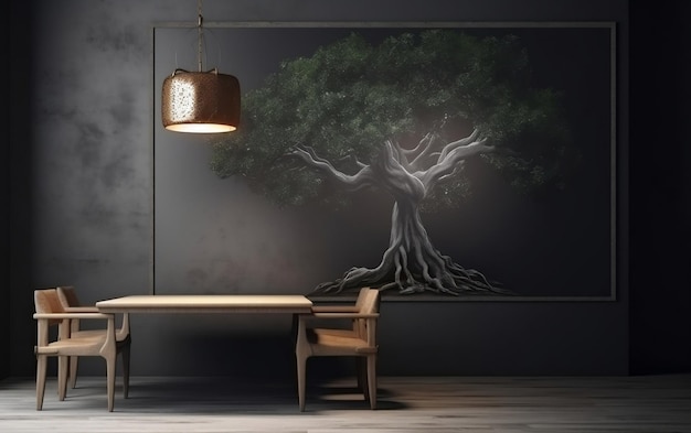 Stół i lampa w pokoju z drzewem na ścianie.