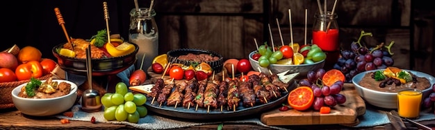 Stół jadalny kuchni orientalnej z grillowanym kebabem i smażonymi warzywami, owocami i przekąskami na rustykalnym stole Generative Ai