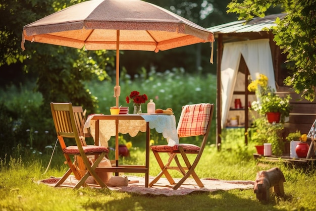 Stół kawiarniany z krzesłem i parasolem w ogrodzie Generative AI