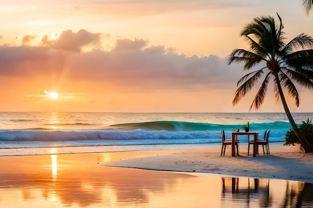 Stół na plaży z palmą w tle