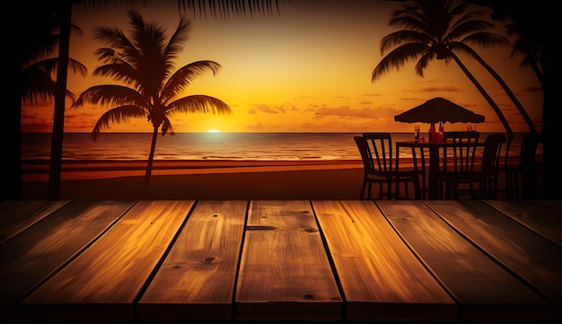 Stół na plaży z zachodem słońca za nim