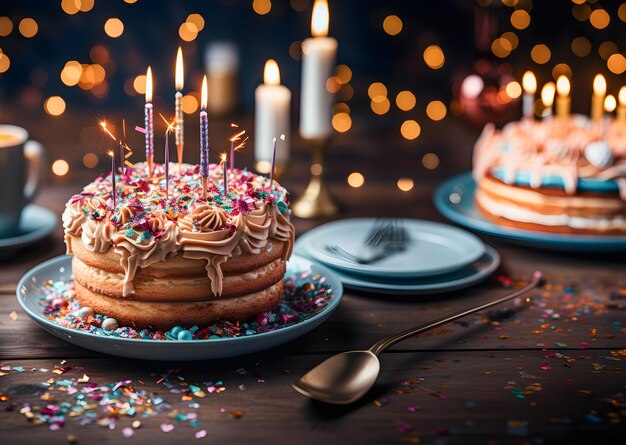 Zdjęcie stół na przyjęciu urodzinowym z pysznym ciastem urodzinnym ze świecami generative ai