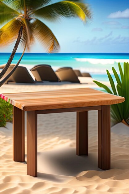 Stół na tropikalnej plaży zamazane tło