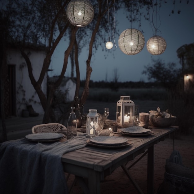 Stół nakryty na kolację z lampionami zwisającymi z sufitu.