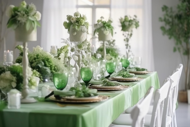 Zdjęcie stół nakryty na kolację z zielonym obrusem i białymi kwiatami.
