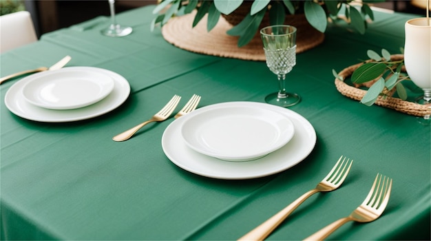 Stół nakryty na kolację ze złotymi talerzami i złotymi sztućcami.