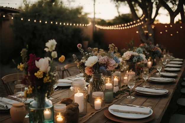 Stół nakryty na przyjęcie weselne z łańcuchem świetlnym zwisającym z sufitu.
