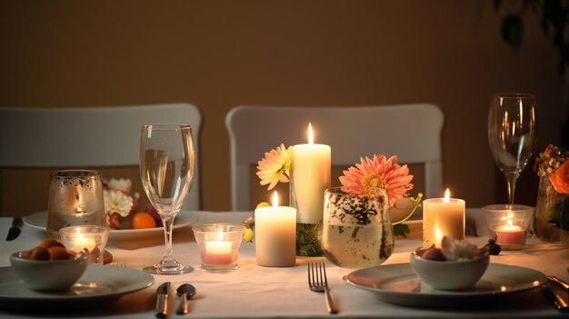 Stół nakryty na romantyczną kolację ze świecami i świecami