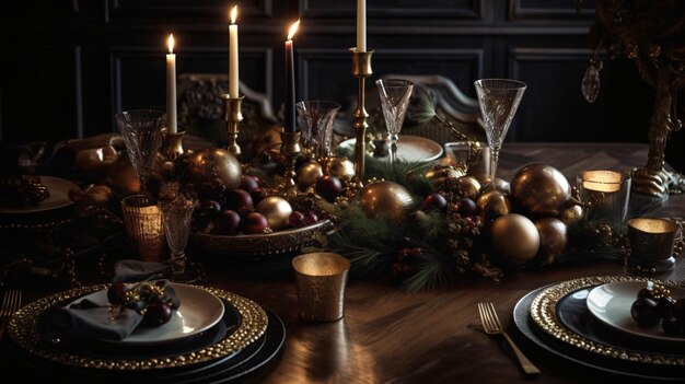 Stół nakryty na świąteczną kolację z talerzem z jedzeniem i świecą na nim