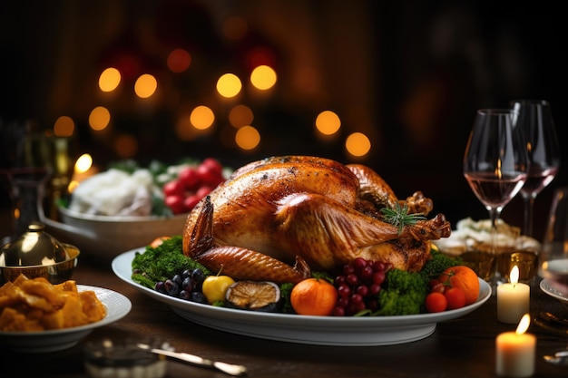 Stół obiadowy z pieczonym indykiem na Święto Dziękczynienia Tradycyjny amerykański posiłek na świąteczny widok z góry