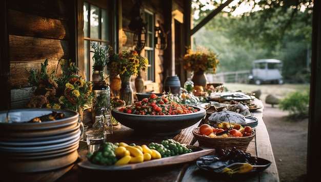 Stół ogrodowy wypełniony jedzeniem bbq letnie jedzenie tabletka wypełniona napojami i jedzeniem na zewnątrz w g