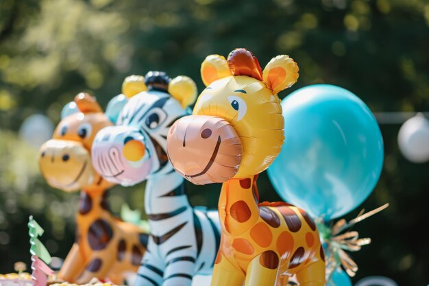 Stół ozdobiony gromadą balonów żyraf i zebry tworzących zabawną atmosferę Zoo balony w kształcie zwierząt na zabawne i dzikie przyjęcie urodzinowe AI generowane