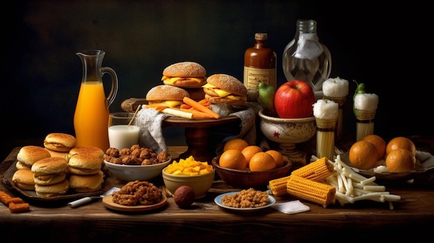 Stół pełen jedzenia, w tym kanapki, jajek, mleka i innych produktów spożywczych.
