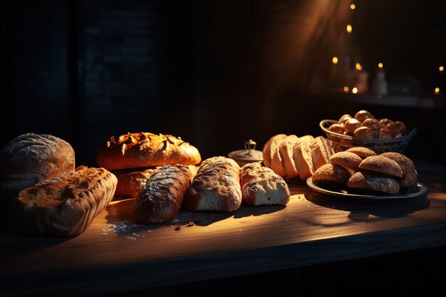 Stół pełen pieczywa i innych pieczywa na nim