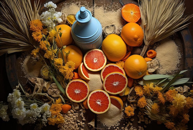 Stół pełen pomarańczy, cytryn i kwiatów.