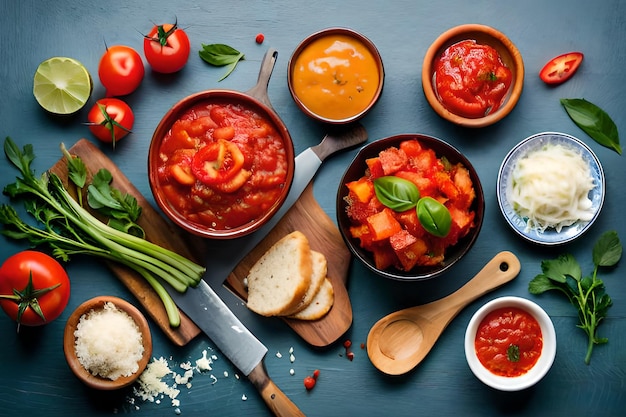 Stół pełen różnych misek z jedzeniem, w tym sosem pomidorowym, chlebem i innymi składnikami.