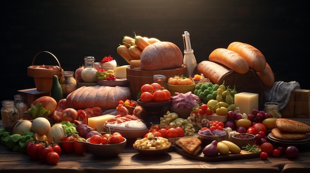 stół pełen różnych rodzajów żywności, w tym warzyw i sera