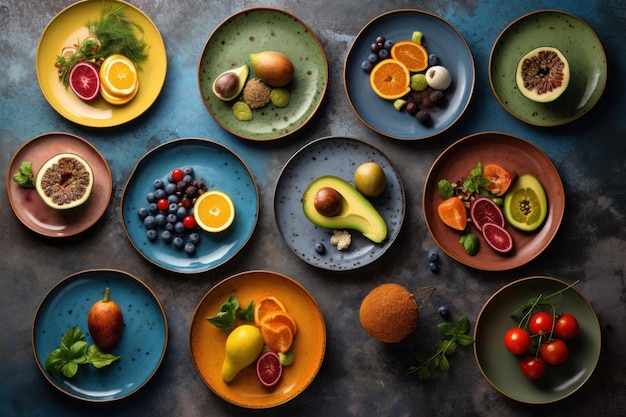 Stół pełen talerzy z jedzeniem, w tym owocami i warzywami.