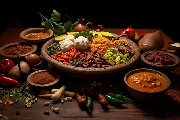 Stół pełen tradycyjnych afrykańskich potraw i przypraw.