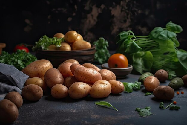Stół pełen ziemniaków i warzyw z czarnym tłem
