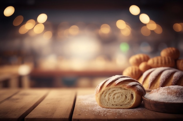 Stół pierwszego planu świeżo upieczonego chleba z rozmytym tłem piekarni AI