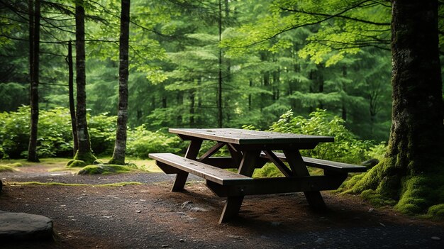 stół piknikowy w zalesionym terenie