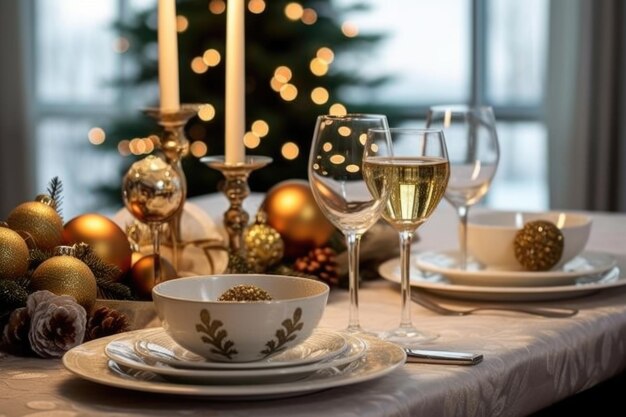 Stół podawany na świąteczną kolację z świecami i naczyniami sztucznej inteligencji