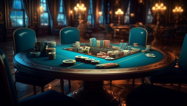 Stół pokerowy w kasynie z żetonami i kartami z generowaną sztuczną inteligencją
