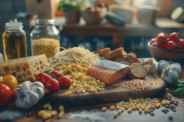 Zdjęcie stół pokryty jest różnorodnymi artykułami spożywczymi, w tym makaronem i serem