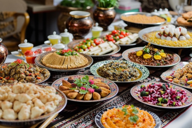 Stół prezentujący obfity asortyment pysznych potraw z licznymi talerzami wypełnionymi różnorodnymi pysznymi potrawami Ramadan iftar buffet rozłożony AI generowany