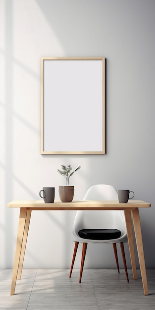 Zdjęcie stół przed ścianą z ramą pionowa minimalistyczna kompozycja wystroju wnętrz