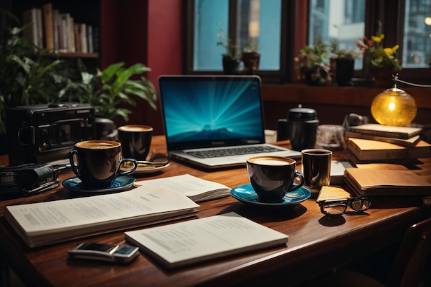 Stół roboczy z kawą na laptopie i dokumentami we wnętrzu domu