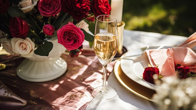 Stół ślubny i uroczystościowy krajobraz z kwiatami formalny stół obiadowy z różami i winem elegancki dekoracja stołu kwiatowy na przyjęcie wieczorne i dekorację wakacyjną stylizacja domu
